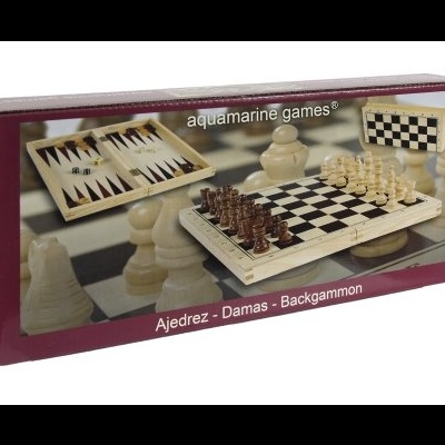Caixa de jogo com tabuleiros de xadrez, damas e backgammon da aquamarine games