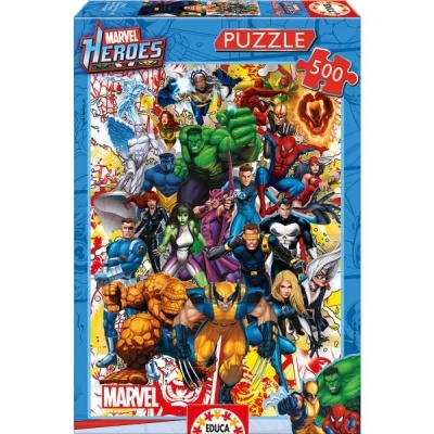 Caixa de puzzle Marvel Heroes com 500 peças e personagens coloridos