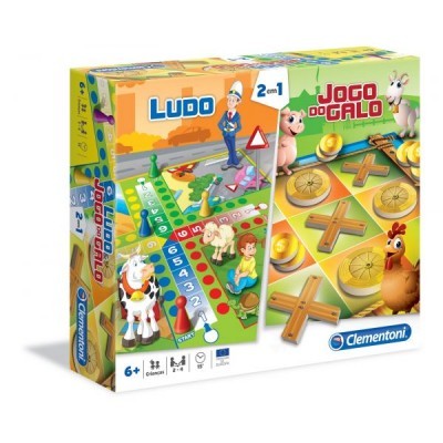 Embalagem do jogo 2 em 1 Ludo e Jogo do Galo da Clementoni para crianças