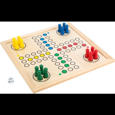 Jogo de tabuleiro Parchis de madeira com peças coloridas e dado