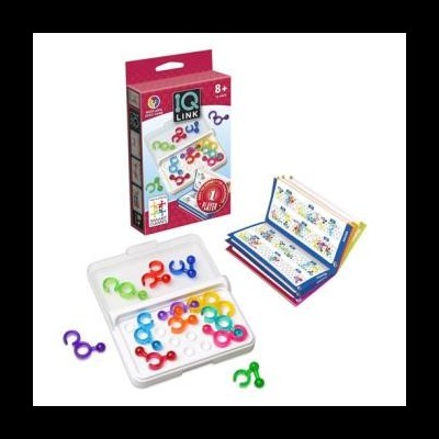 Jogo IQ LINK com peças coloridas, manual e embalagem vermelha com o texto IQ LINK 8+