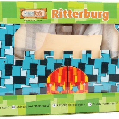 Caixa de montagem Ritterburg com padrão geométrico azul e etiqueta Ritter Rost