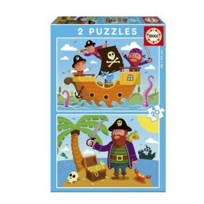 Caixa azul de 2 puzzles com imagens de piratas, navio pirata e ilha com baú do tesouro.