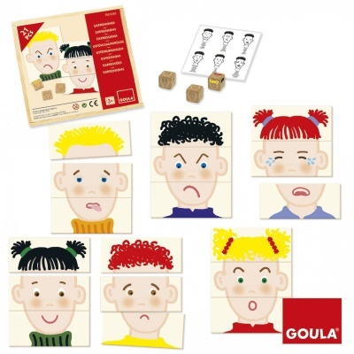 Jogo infantil GOULA com cartas e dados para expressões faciais.