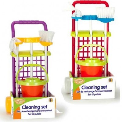 Dois conjuntos de limpeza coloridos para crianças com acessórios e etiquetas multilíngues