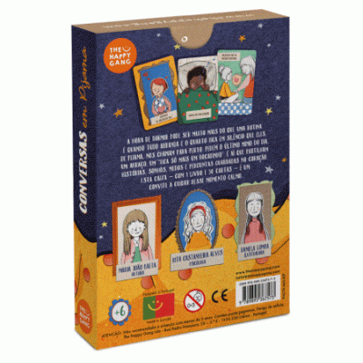 Embalagem do jogo Conversas em Pijama com ilustrações e texto em português.