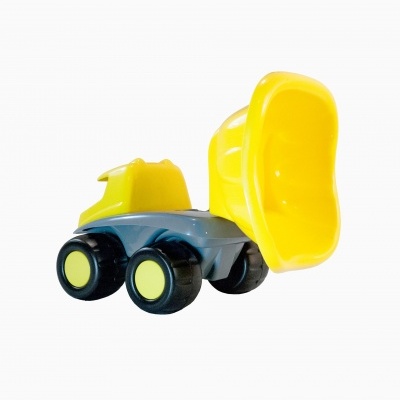 Carrinho de brinquedo amarelo e cinzento com 4 rodas e caçamba amarela