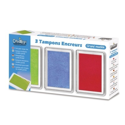 Embalagem com 3 tampões de tinta grandes verdes, azuis e vermelhos da marca Crealign