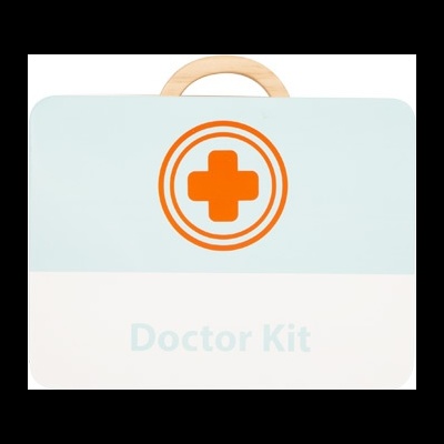 Estojo de madeira pintado com cruz vermelha e texto Doctor Kit