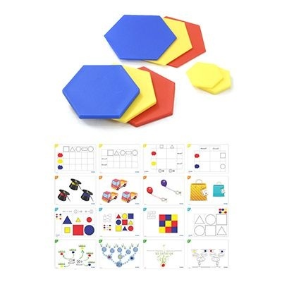 Peças hexagonais coloridas e cartões educativos com padrões e figuras