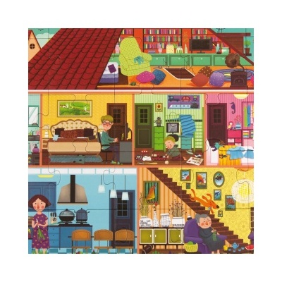 Ilustração colorida de casa com várias divisões e personagens visíveis