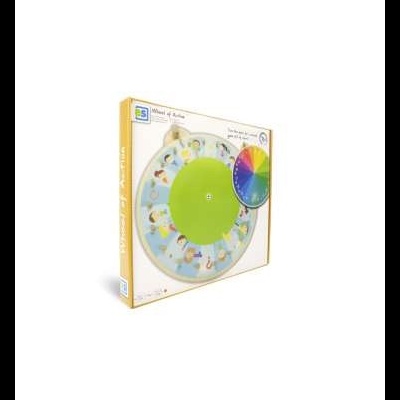 Jogo de tabuleiro educativo em caixa branca e amarela com roda de cores