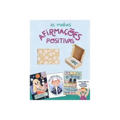 Conjunto de cartas ilustradas e caixa com afirmações positivas em português