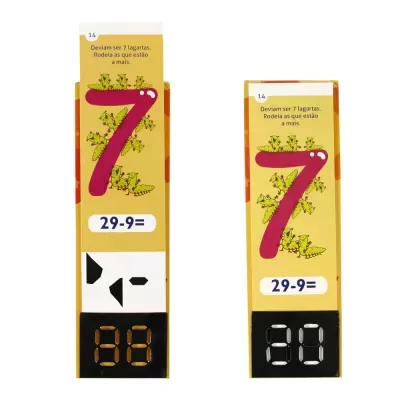 Dois dispositivos eletrónicos com visor e texto educativo sobre lagartas e conta 29-9=