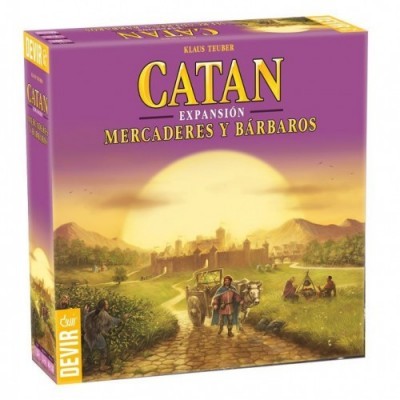 Caixa do jogo CATAN EXPANSIÓN MERCADERES Y BÁRBAROS com ilustração de estrada e cidade ao pôr do sol