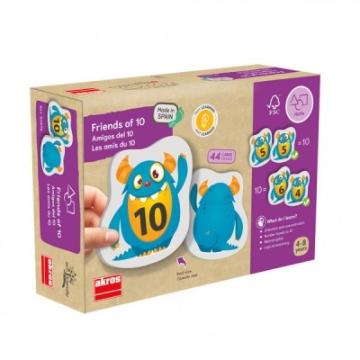 Caixa do jogo Friends of 10 com monstros azuis e amarelos, 44 cartas, texto em inglês, espanhol e francês
