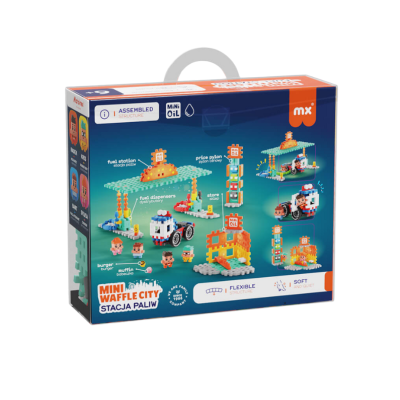 Caixa colorida de brinquedo de construção mini waffle com imagens de peças montadas de posto de combustível