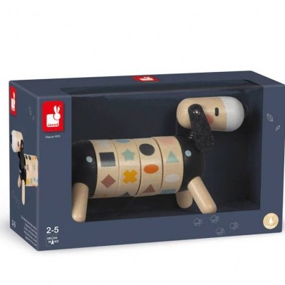 Jogo de madeira com cão pintado e formas coloridas numa embalagem azul escura com janela transparente