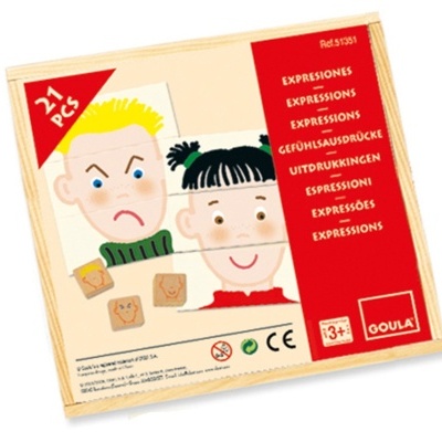 Caixa de jogo educativo com ilustrações de expressões faciais e texto multilingue.