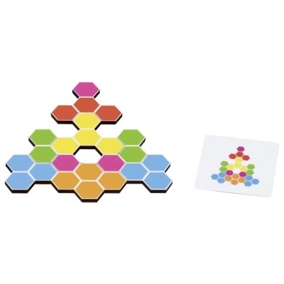 Peças hexagonais coloridas de madeira e cartão com padrão similar