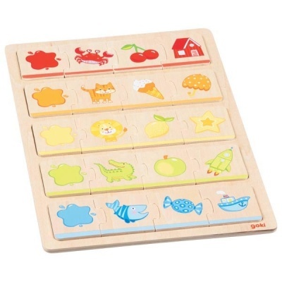 Puzzle de madeira com figuras coloridas e logotipo goki