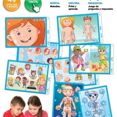 Suplemento educativo EDUCA TOUCH Junior com cartas coloridas e crianças usando tablet azul