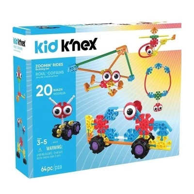 Caixa do kit de construção Kid K'nex Zoomin' Rides com peças coloridas e imagens de modelos montados.