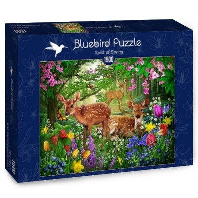 Caixa de puzzle Bluebird Puzzle Spirit of Spring 1500 peças com imagem de veados e flores coloridas na primavera.
