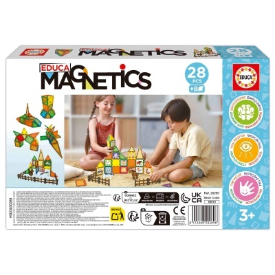 Caixa de jogo magnético EDUCA MAGNETICS com peças coloridas e crianças a brincar.