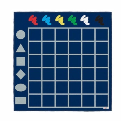 Tabuleiro azul escuro com grelha e formas coloridas no topo