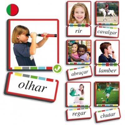 Cartões educativos com imagens e palavras em português mostrando várias ações.