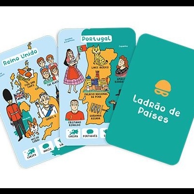 Cartas de jogo ilustradas com mapas e pessoas, verso verde com texto 'Ladrão de Países'.