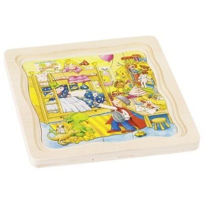 Quebra-cabeças infantil em madeira com imagem colorida de quarto de crianças e brinquedos