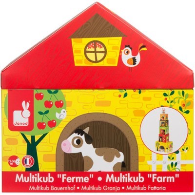 Caixa de brinquedo em forma de casa com ilustrações de animais de quinta e texto Multikub Farm