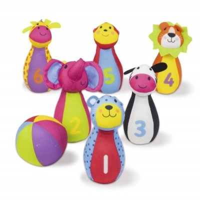 Conjunto de brinquedo de boliche infantil com pinos de animais coloridos e uma bola listrada.