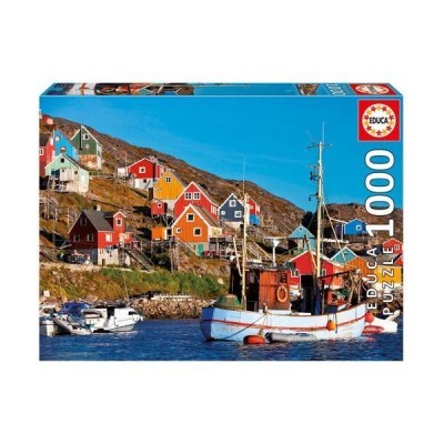 Caixa de puzzle EDUCA 1000 peças com imagem de barco e casas coloridas à beira-mar.