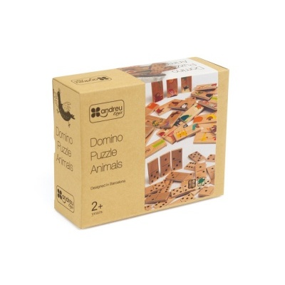 Caixa de jogo dominó puzzle animais da Andreu Toys, com peças de madeira e imagens coloridas de animais.