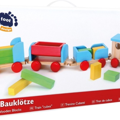 Brinquedo de comboio de madeira colorido em caixa branca com texto vermelho