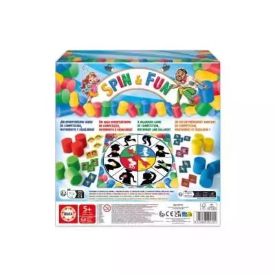 Embalagem do jogo Spin & Fun com peças coloridas e roda de figuras