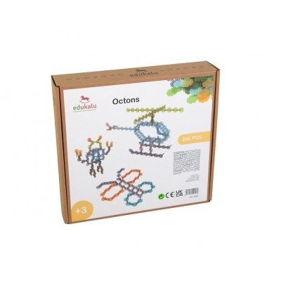 Pack de brinquedo educativo Octons da marca edukalu com 200 peças coloridas em cartão castanho.