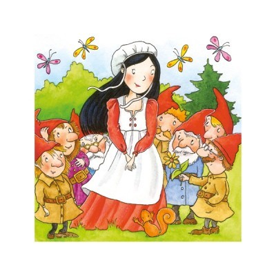 Ilustração de Branca de Neve e sete anões na floresta com borboletas e esquilo