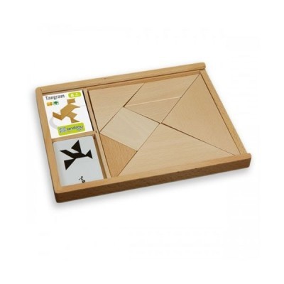 Jogo de tangram de madeira com 7 peças e duas cartas com desenhos para montar