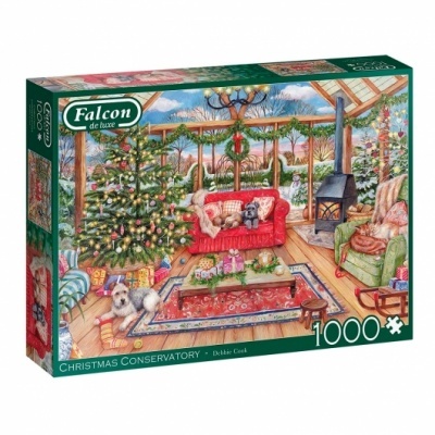 Caixa de quebra-cabeças natalício de 1000 peças com imagem de varanda envidraçada decorada com árvore de Natal e cães