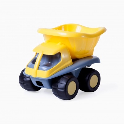 Carrinho de brinquedo amarelo e cinzento com caçamba basculante