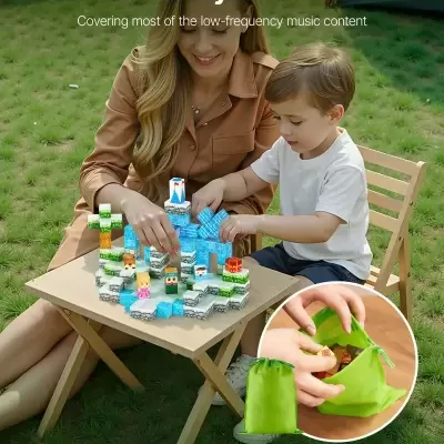 Mulher e criança brincando com blocos coloridos numa mesa pequena ao ar livre, com texto promocional em inglês.