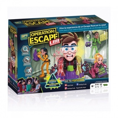 Caixa colorida do jogo Spy Code Operation Escape Lab com personagens e elementos de laboratório