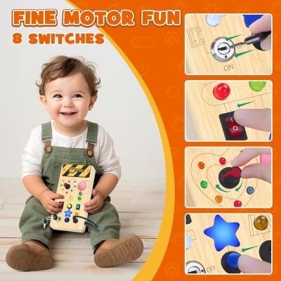 brinquedo de madeira com botões coloridos e cinco imagens de detalhes mostrando interruptores e botões
