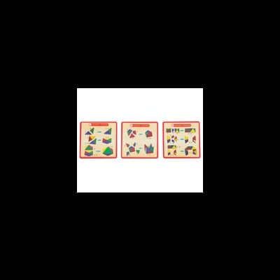 Três painéis de madeira com puzzles geométricos coloridos para crianças