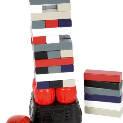 Jogo de blocos empilháveis coloridos com base preta, botão vermelho e dado