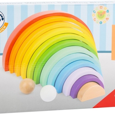 Brinquedo educativo de madeira colorido em arco-íris em embalagem com design small foot